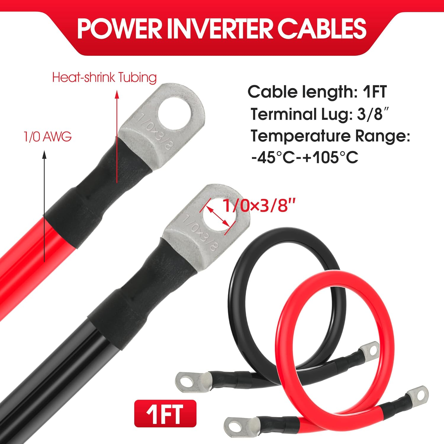 1/0 AWG Gauge Battery Cable Power Inverter Cables with 3/8 Inch Lugs for Solar Marine RV Car Truck Tractor Motorcycle 2Pcs (1FT)