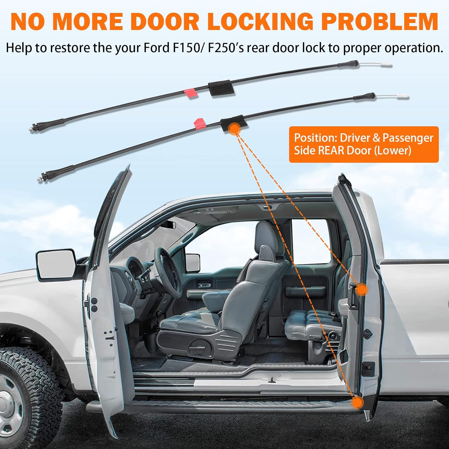 Rear Door Lower Latch Cables for 1997-2003 Ford F150, 2004 F150 Heritage, 1997-1999 F250 Extended Cab Rear Left & Right Side Back Door Latch Lock Release Cable Repair Kit 6L3Z18264A01C 6L3Z18264A00C