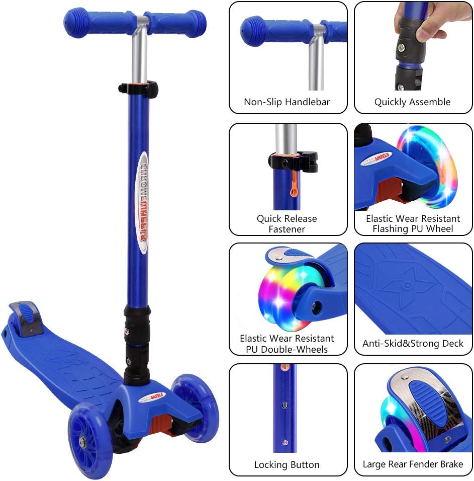 Chromewheels Scooters for Kids, Deluxe Kick Scooter Foldable 4 Adjustable Height 150Lb Weight Limit 3 Wheel, Lean to Steer LED Light up Wheels, Best Gifts for Girls Boys Age 3-10 Year Old image number 1