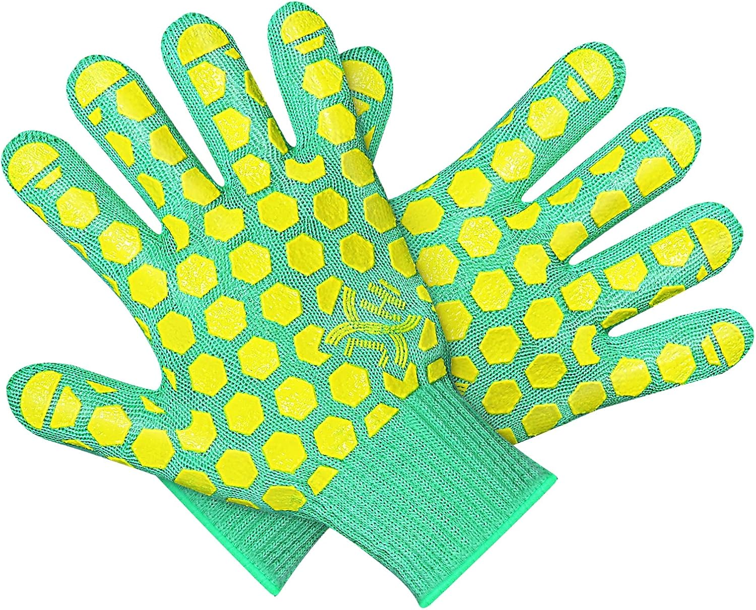 J H Heat Resistant Oven Mitts: EN407 Certified 932 &deg;F, 2 Layers Silicone Coating, BBQ & Oven Gloves for Cooking, Kitchen, Fireplace, Grilling (Women Fits All, Coral Shell with Turquoise/Pink Coating)