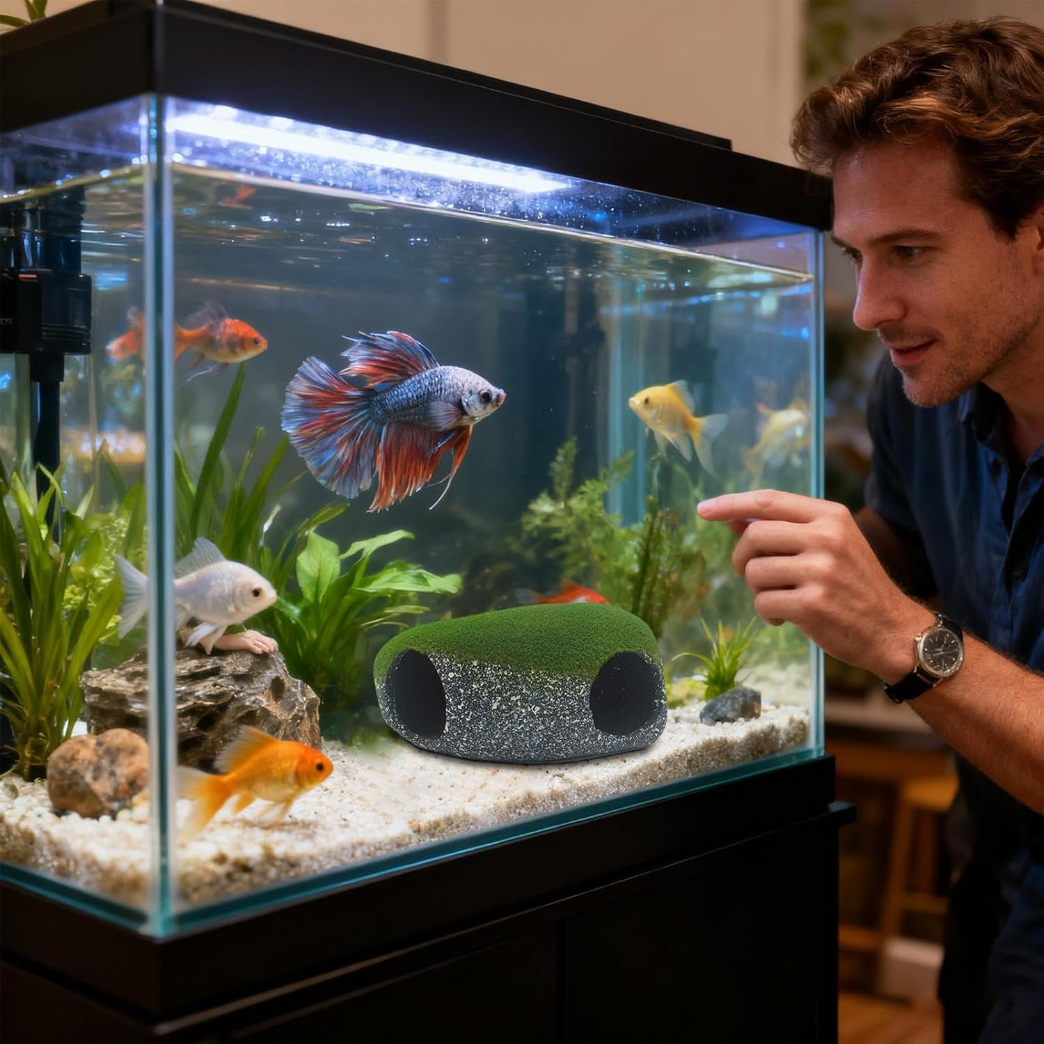 Fish Cave, 2 Holes Rock Shelter Decoration, Stones House, for Home Workplace Pet Store Freshwater Saltwater Terrarium Aquarium Corner Tanks - Large image number 2