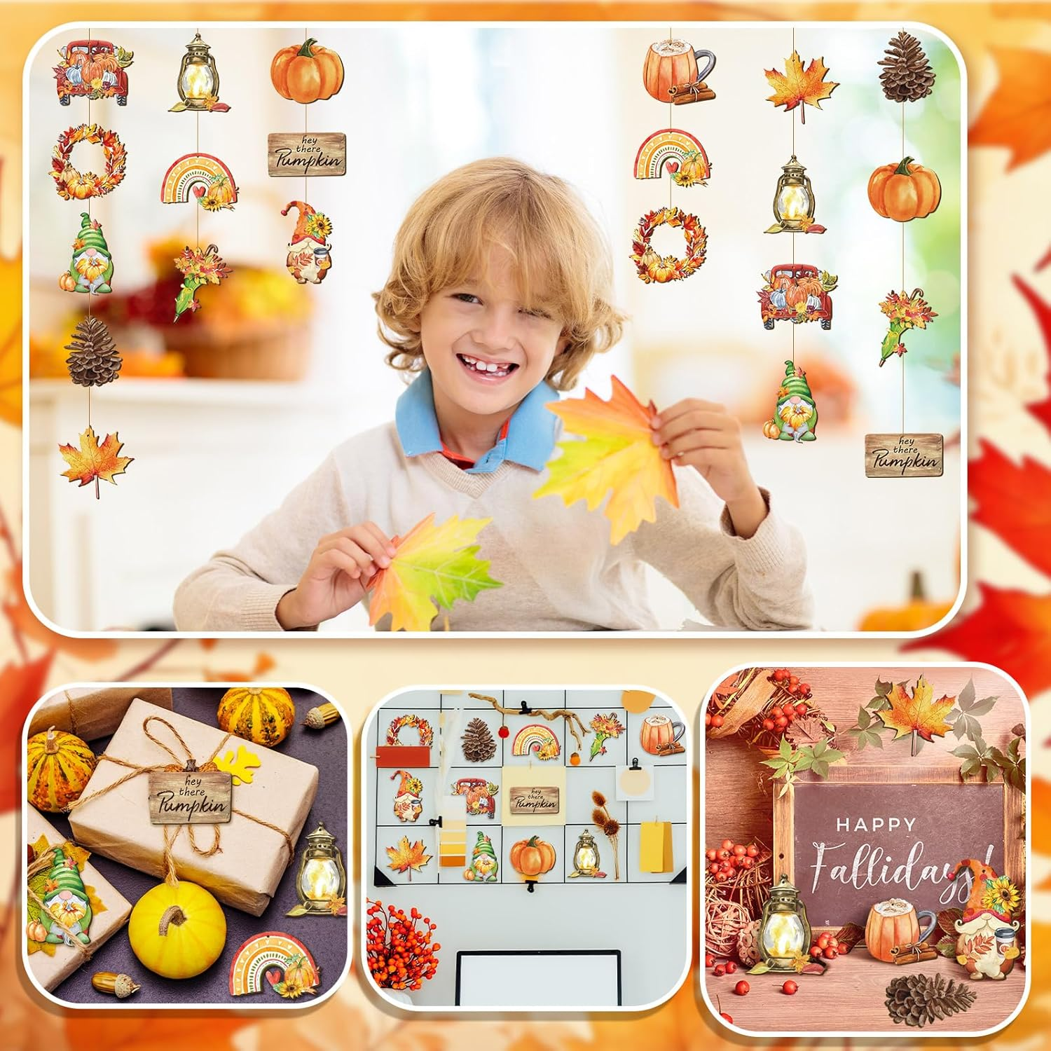 36 Pcs Thanksgiving Tree Ornaments Fall Wooden Hangings Decorations Pumpkin Gnome Maple Leaf Decorative Hanging Ornaments Autumn Harvest Party Favor Gift Tag for Holiday(Fresh Style) image number 2