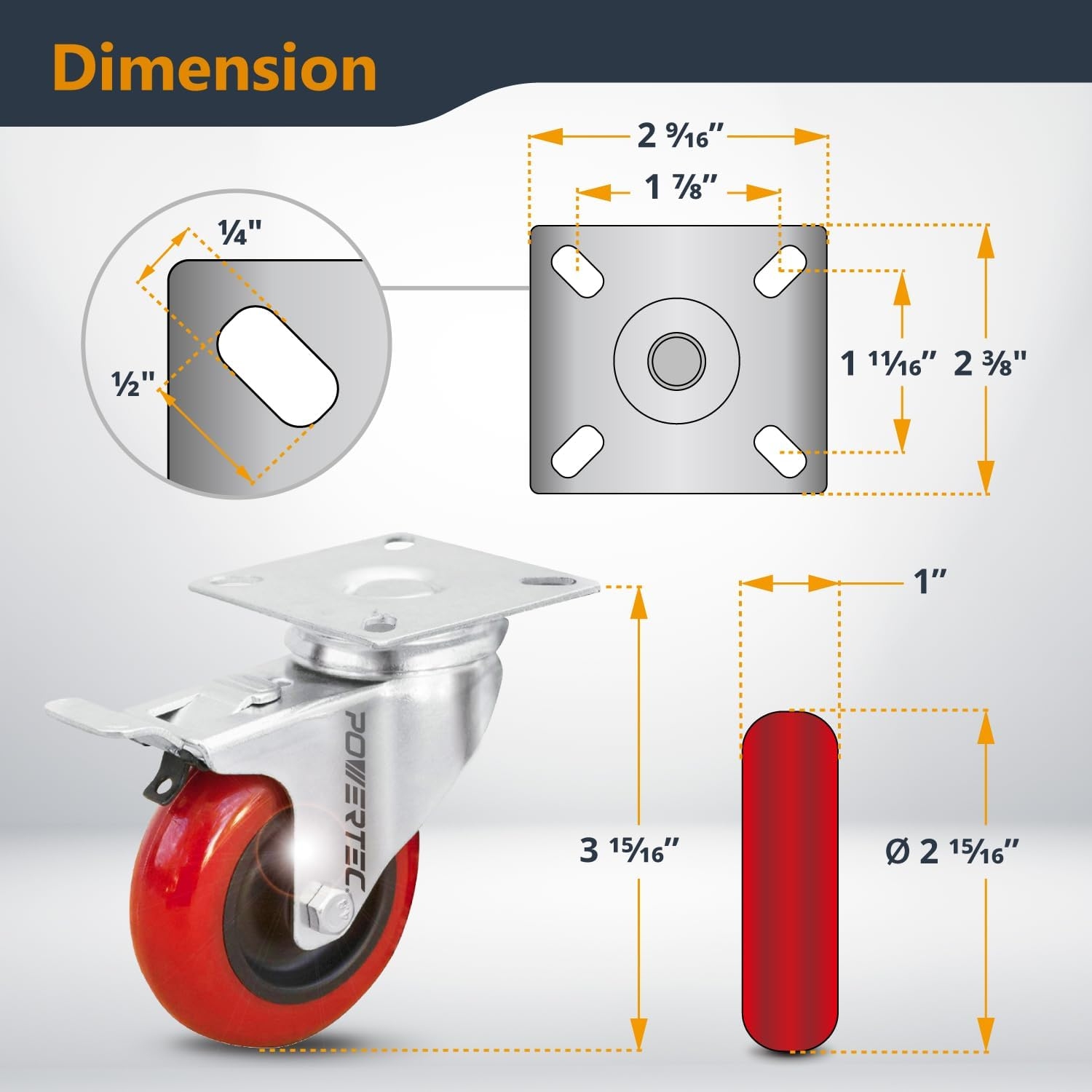 POWERTEC 3 Inch Swivel Caster Wheels Set of 4 with Brake & 640 Lbs Loads, Heavy Duty Plate Casters, Dual Locking PU Castor Wheels for Furniture, Cart, Dolly and Workbenches (17205) image number 3