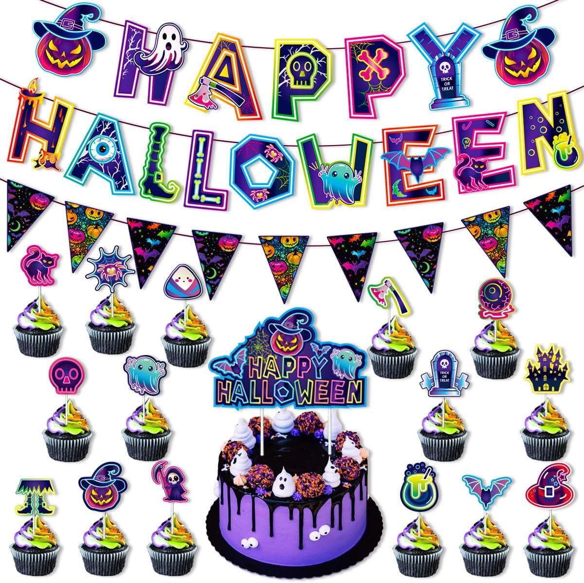 Neon Halloween Party Decorations Kit Glow in the Dark Halloween Background Banner Cake Toppers Balloons Ribbons 20 Pcs 12 Inch Latex Balloons for Black Light Halloween Decor Halloween Effect image number 3