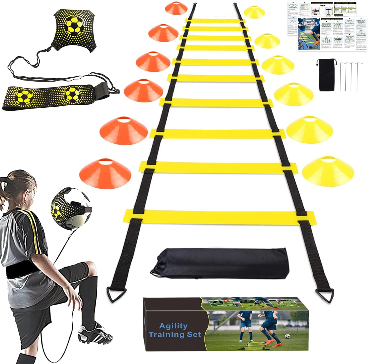 Football Training Equipment for Kids, Speed Agility Training Set, Agility Ladder 12 Rung 6M, Football Kick Trainer, 12 Disc Cones, Football Training Kit Gifts for Boys