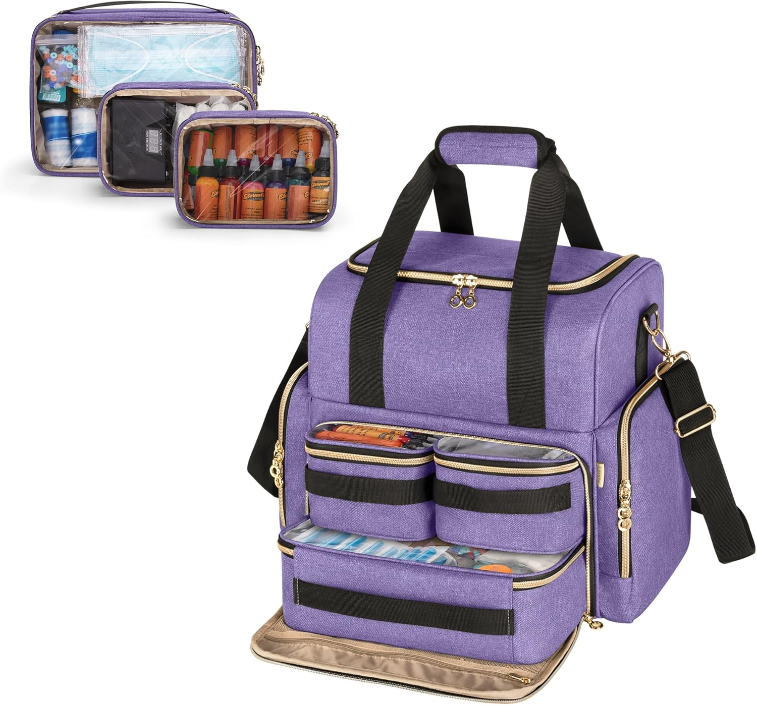 LUXJA Large Tattoo Travel Case with 3 Removable Pouches, Tattoo Supplies Organizer for Tattoo Stencil Printer and Tattoo Kit, Purple