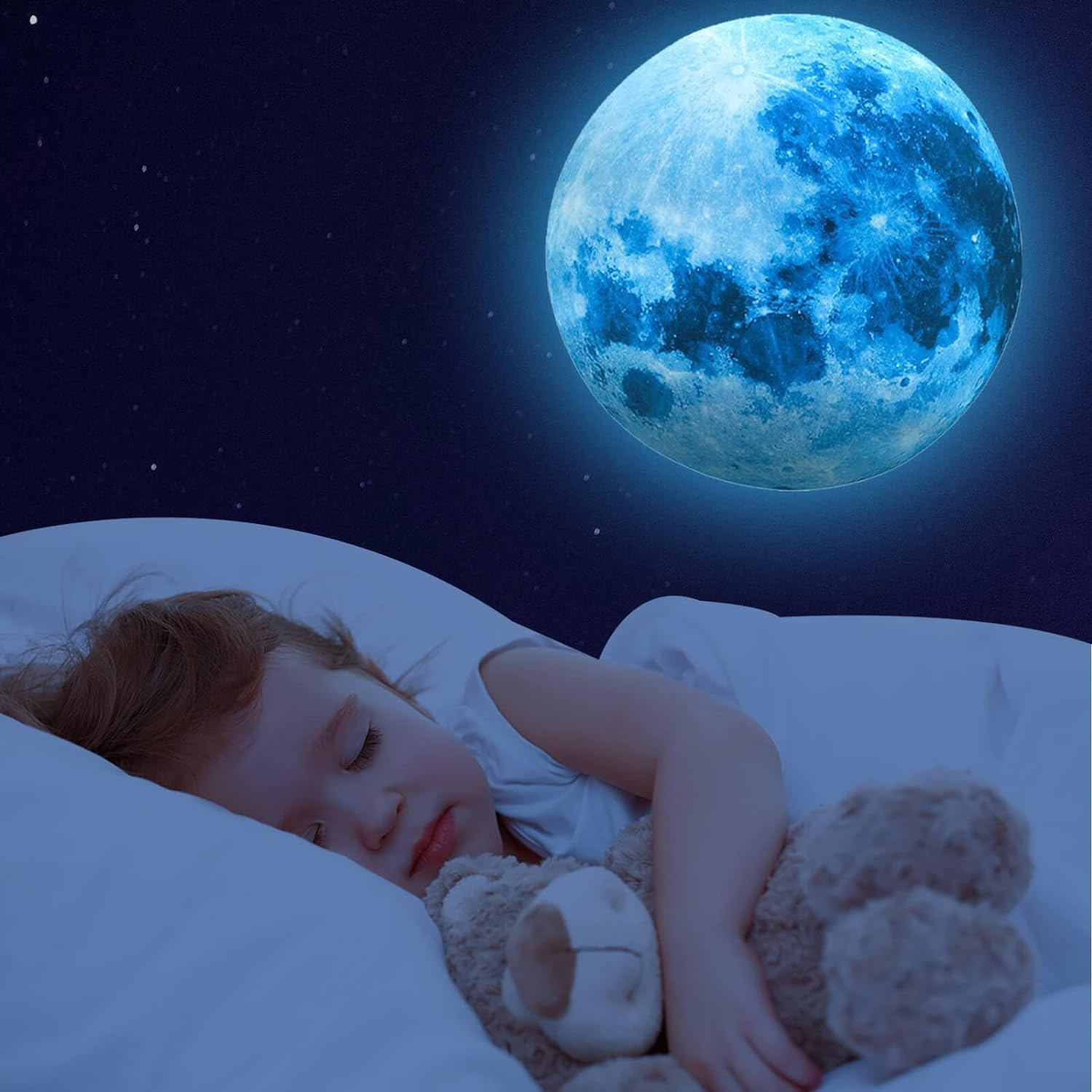 1108 Pcs Classic Glow in the Dark Stars & Moon Wall Decals, Vinyl, Blue, Star & Dot Pattern, Indoor, Kids Boys Bedroom Living Room Decor image number 2