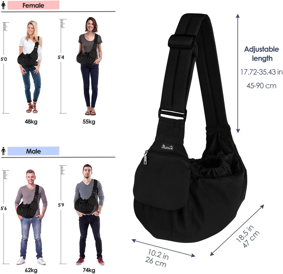 Slowton Pet Sling Carrier, Comfortable Hard Bottom Support Small Dog Papoose Sling Adjustable Padded Shoulder Strap Hand Free Puppy Cat Carry Bag with Drawstring Opening Zipper Pocket Safety Belt - Black Waterproof image number 2