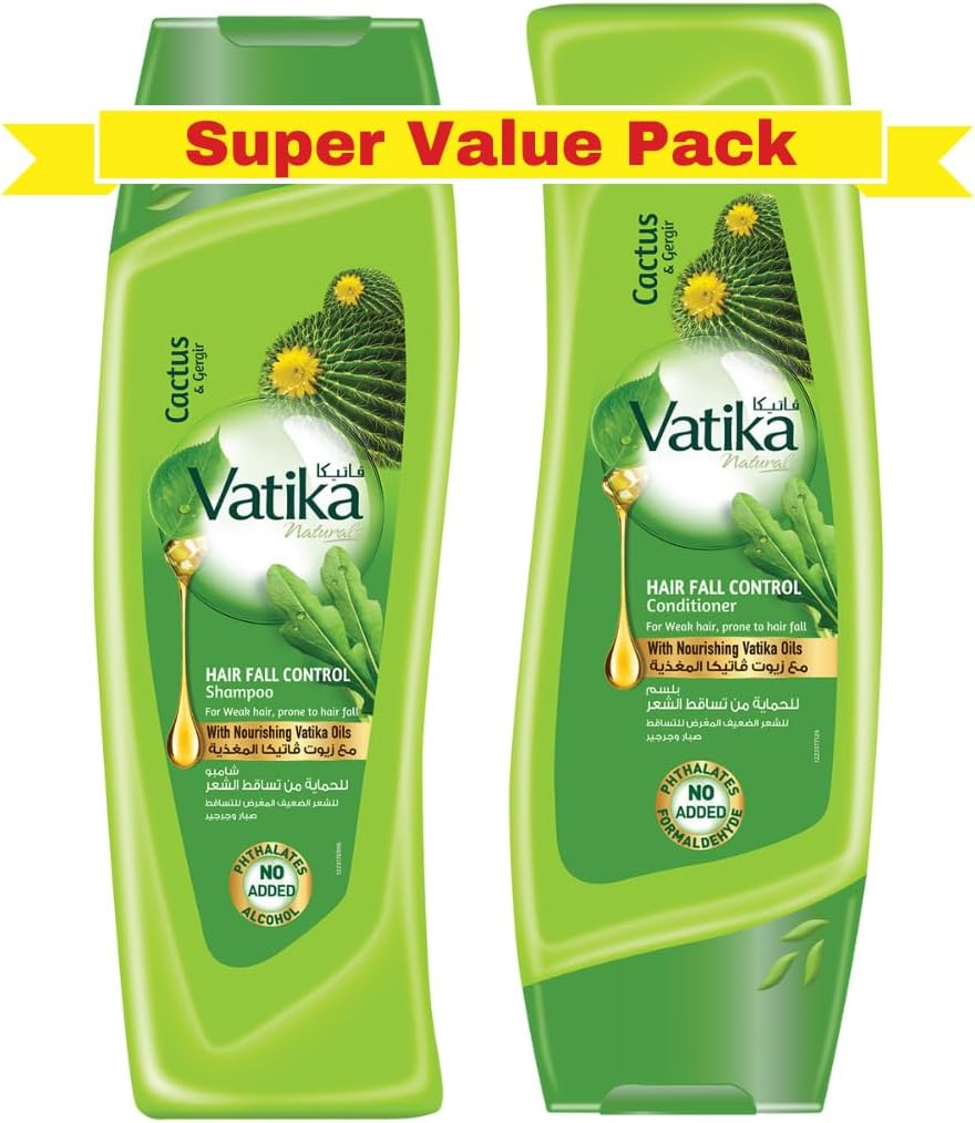 Vatika Naturals Hair Fall Control Shampoo & Conditioner (2X400Ml)| Enriched with Cactus & Gergir | for Weak Hair, Prone to Fall | Super Value Bundle Pack image number 1