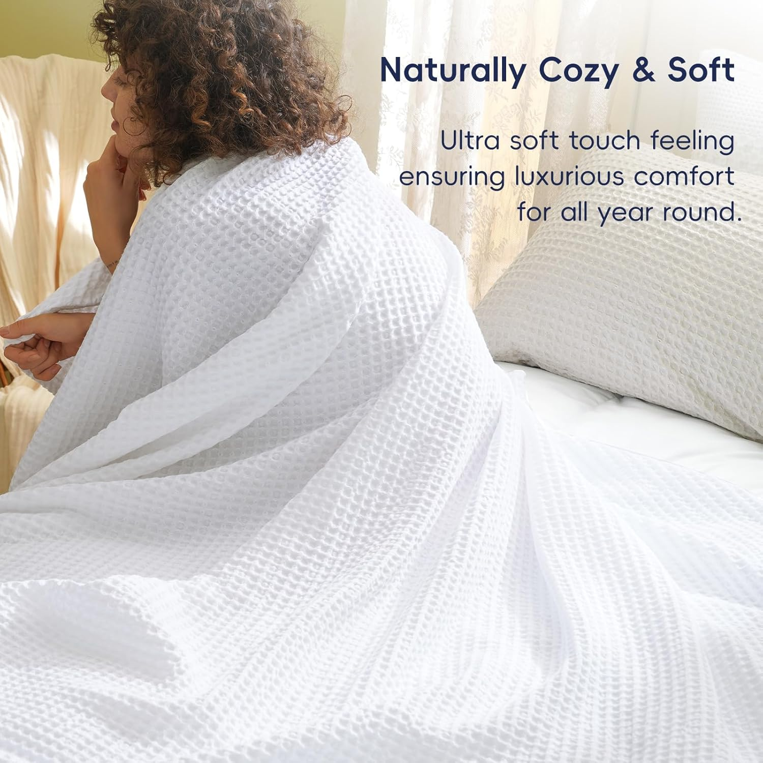 100% Cotton Blanket, Waffle Weave Blanket for Bed and Sofa, Breathable and Soft, 350GSM Premium Cotton, White, 127X152Cm image number 3
