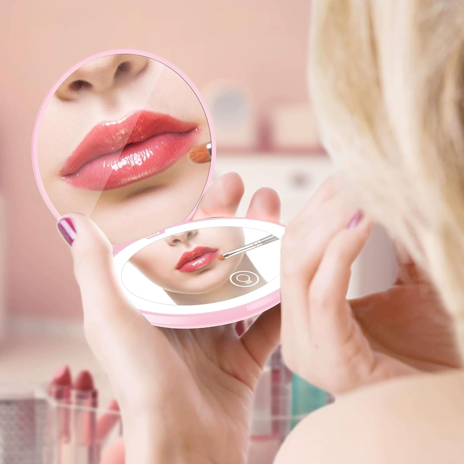 Pocket Mirror, 5X Magnification LED Compact Travel Makeup Mirror with Light for Purse, 2-Sided, Portable, Folding, Handheld, 3.5 Inch Illuminated,Small Lighted Mirror for Gift, Pink image number 3