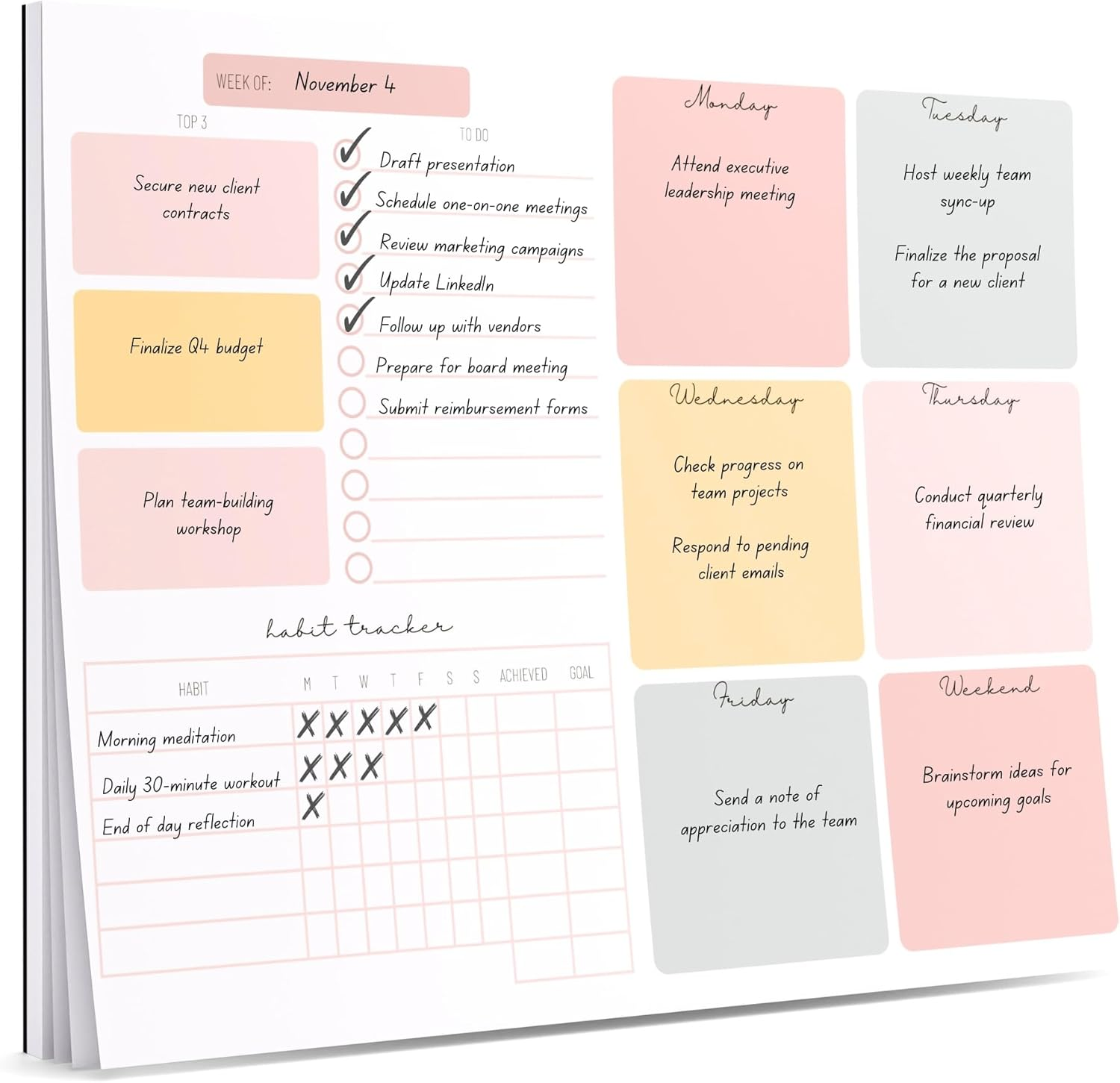 Lamare 2024 Pink Weekly Planner, 10X7.8 Inches, 52 Pages, Desk Calendar with Habit Tracker