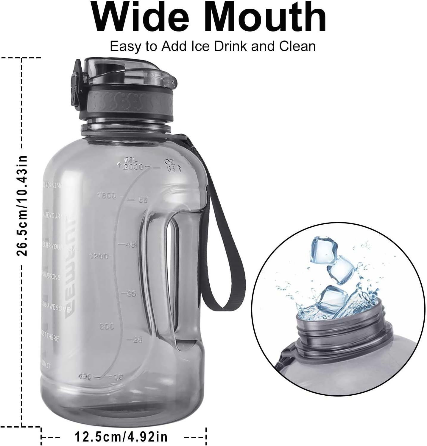 GEMFUL 64Oz Motivational Gallon Water Bottle Time Marked No Leak Water Jug Wide Mouth Leakproof BPA Free for Gym Sports Camping Fitness 2000Ml (Grey) - Grey image number 4