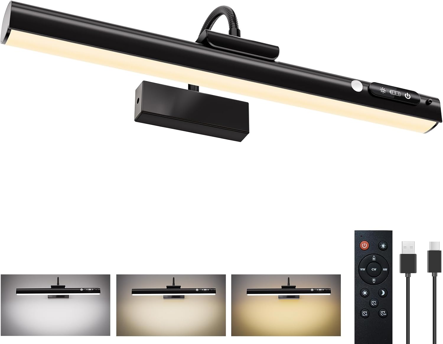 15.7'' Picture Lights for Wall with Motion Sensor, 9000Mah Rechargeable Battery Operated Poster Lights for Paintings, Portraits, Wall Decor, Gold