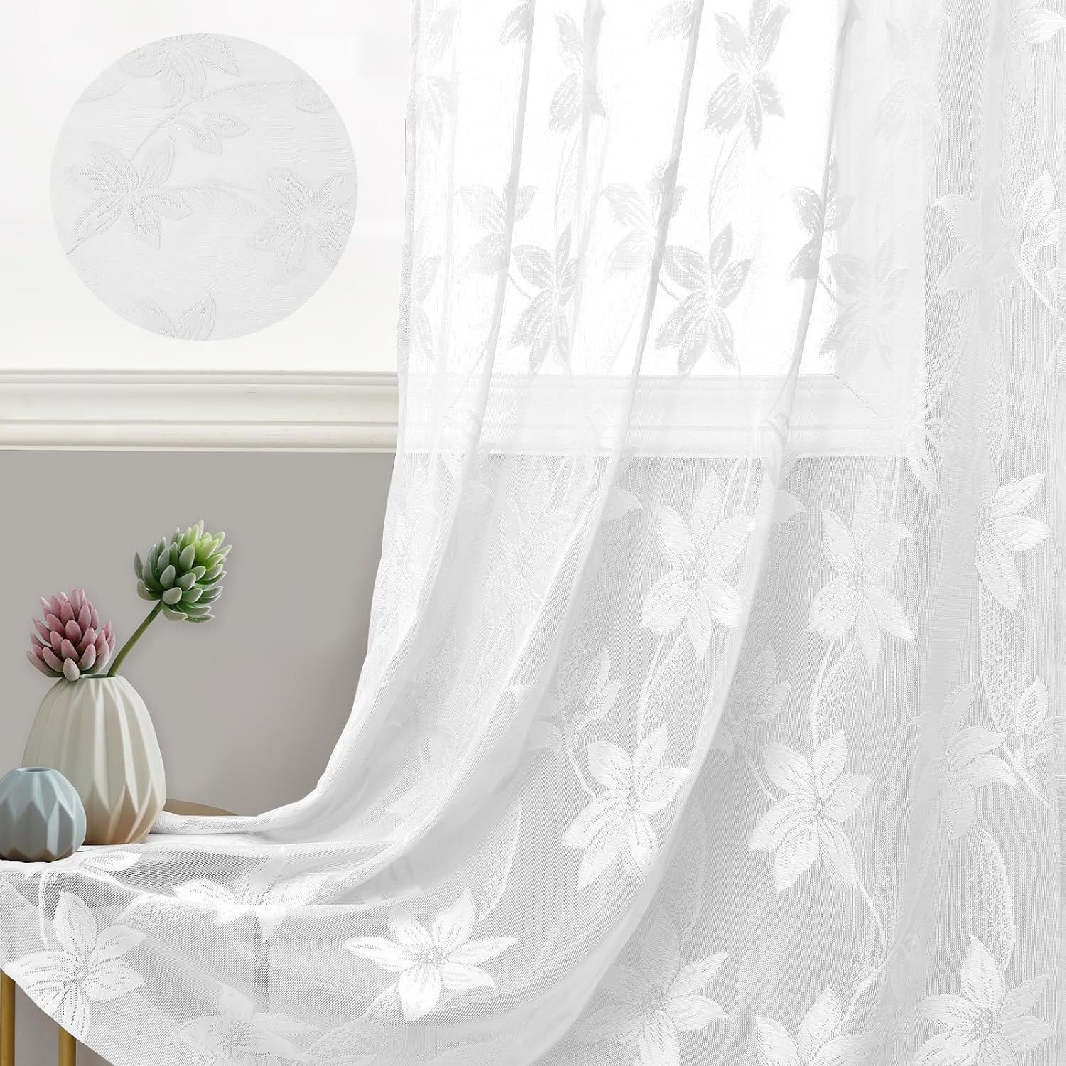 DWCN Sheer Curtains White Floral Lace Curtains Rod Pocket Window Curtains Drapes for Bedroom, Each W132 X D213 Cm, Set of 2 Panels image number 6