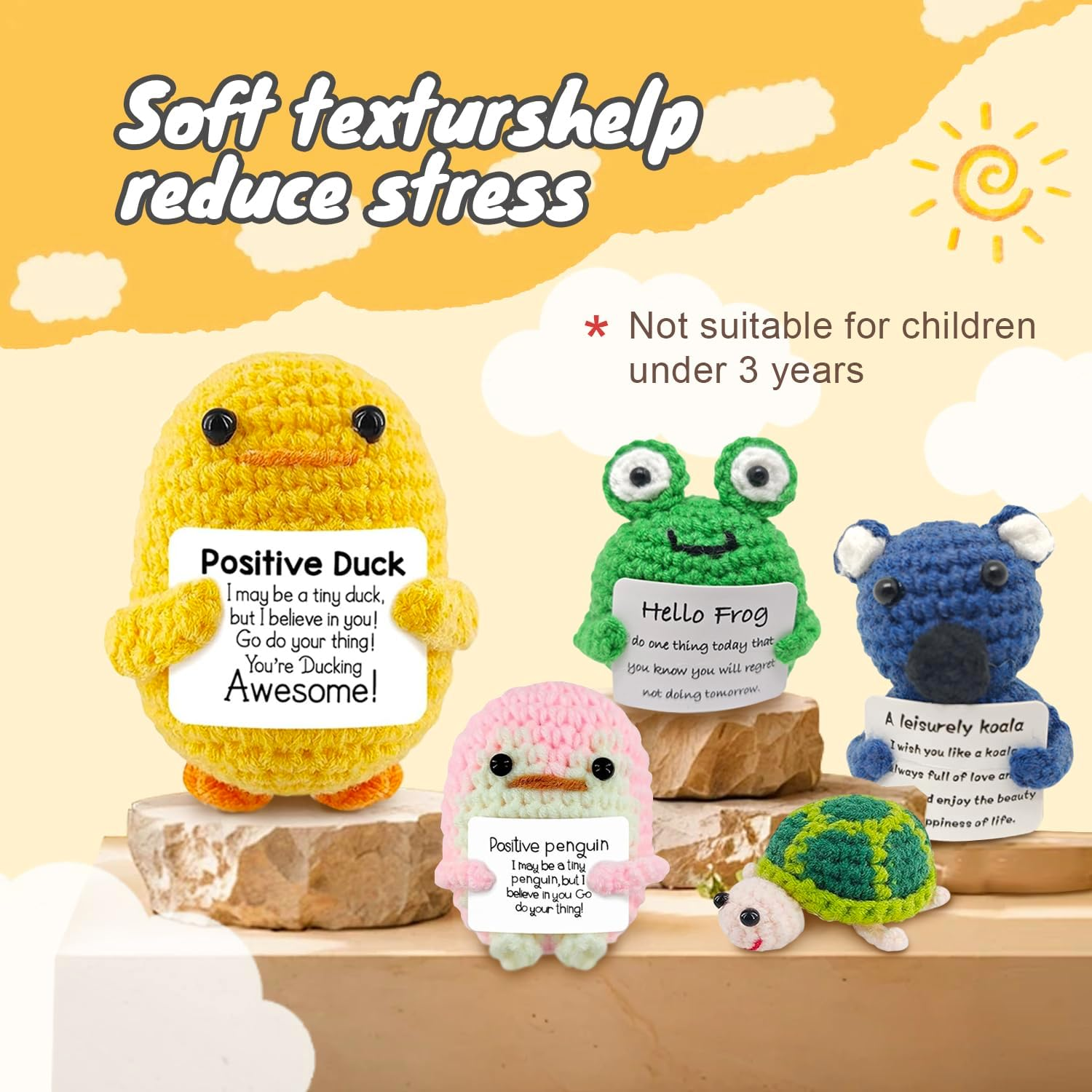 5PCS Positive Crochet Animals Decor, Soft Knitting Cute Handmade Mini Funny Crochet Gifts with Affirmations Cards, Emotional Support Positive Duck for Birthday Xmas Party Gifts Office Home Decor image number 2