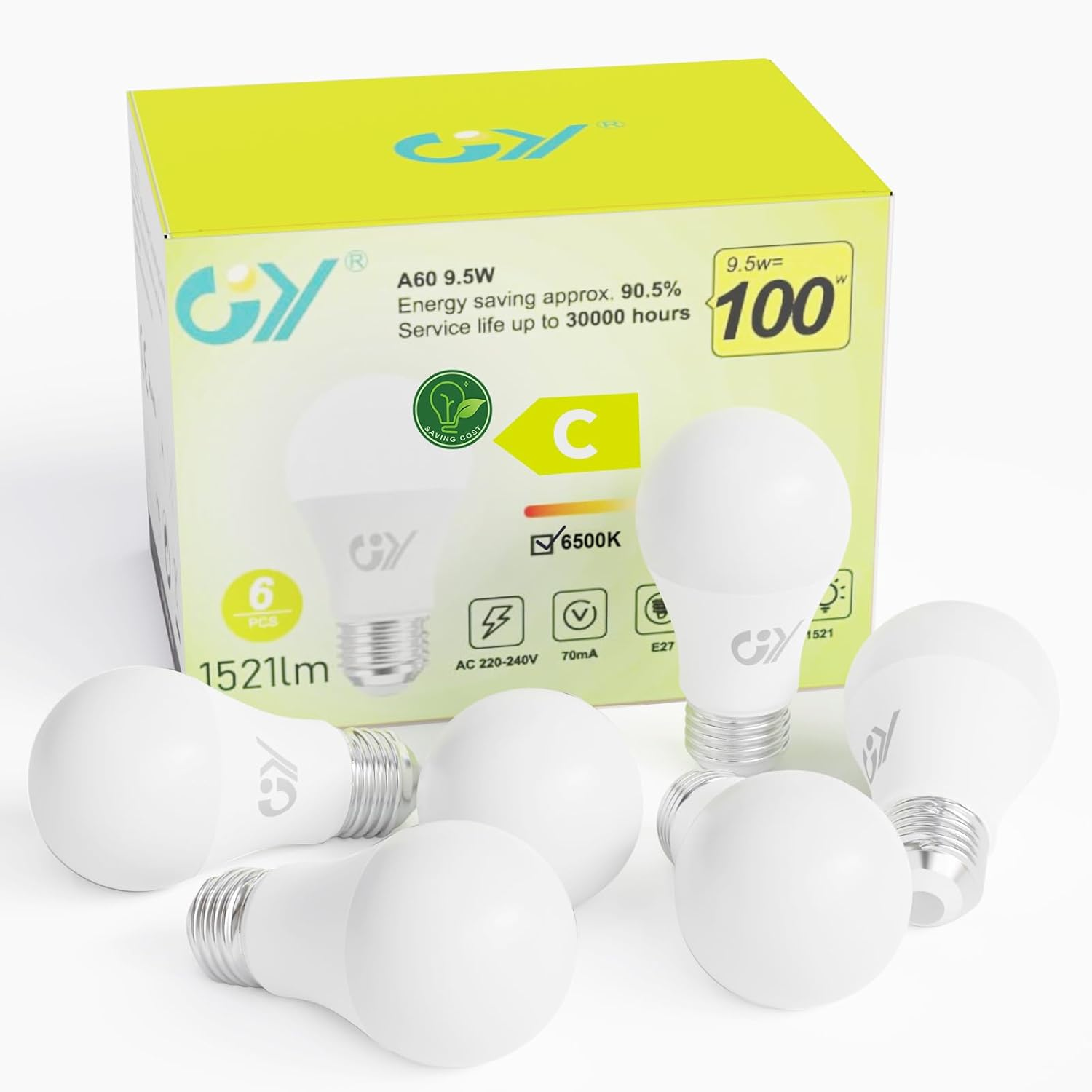 GY Screw Light Bulbs,E27 LED Bulbs Neutral White 4000K 6.5W Equivalent 75W,1050 Lumen Ultra Energy Saving Class-C Light Bulbs,Non-Dimmable,6-Pack