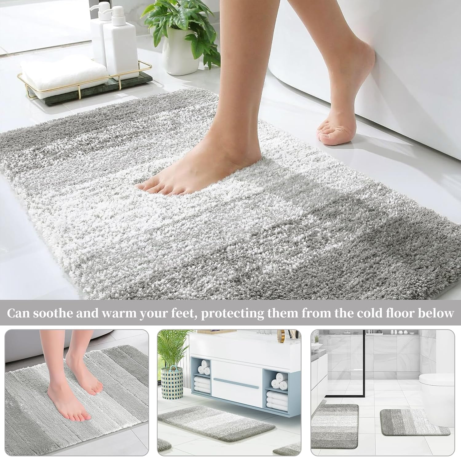 Bathroom Rug Mat, 50X80Cm Extra Soft Absorbent Shaggy Shower Rug, Luxury Microfiber Bath Rug, Non-Slip Plush Floor Mat, Machine Washable Bath Carpe for Bathtub Shower Bathroom Bedroom (Gradient Blue) - Gradient Grey image number 6