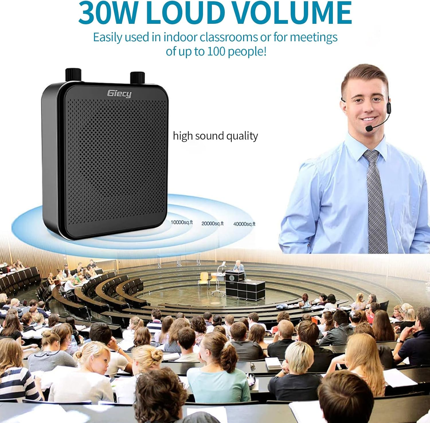 Giecy Voice Amplifier with Wireless Microphone, 2800Mah Personal Amplifiers Portable Bluetooth Megaphone Speaker Teacher Microphone for Tour Guides, Coaches, Meeting image number 2