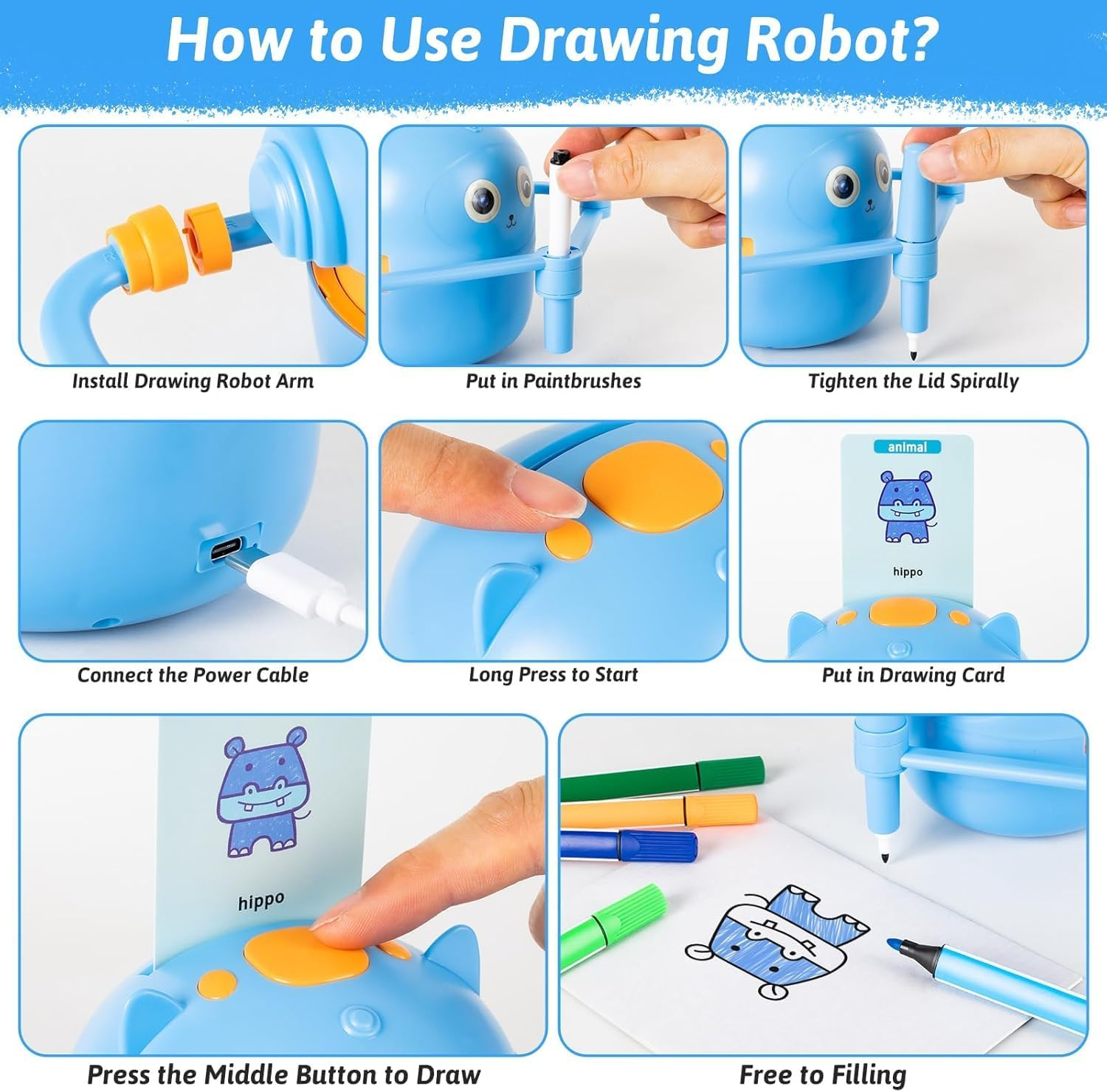 Drawing Robot for Kids, Interactive Educational Drawing Robot for Kids, Magic Painting Robot Toy with 100 Word Cards & 16 Color Pens for Girls and Boys Age (Blue) image number 2