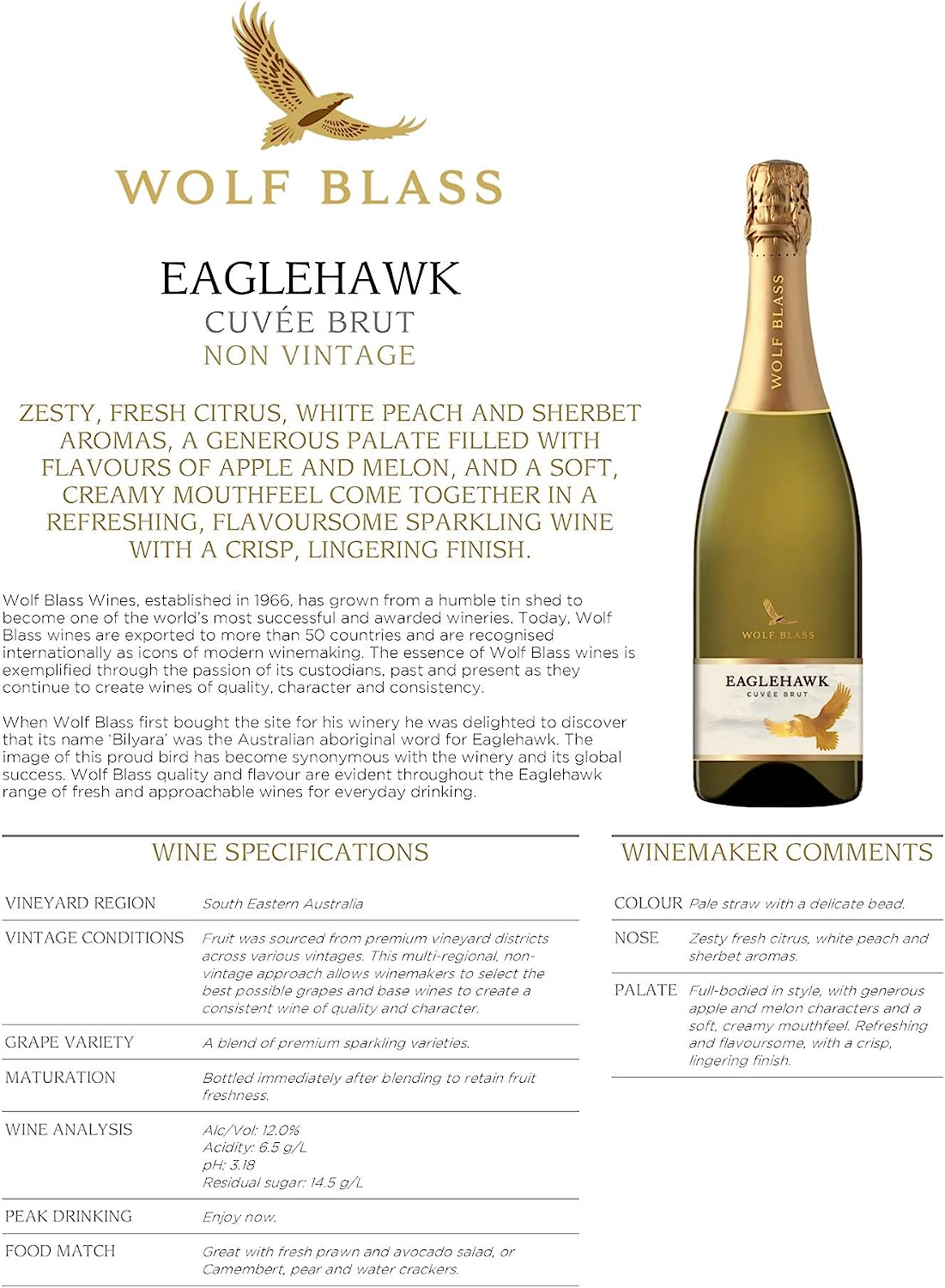 Wolf Blass Eaglehawk Cuvee Brut Sparkling Non Vintage Wine 750 Ml (Case of 6)
