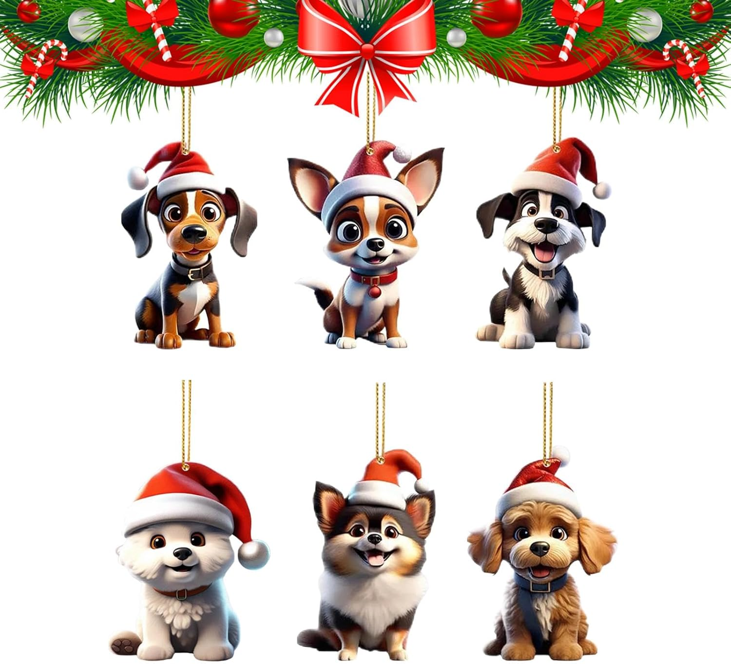 Puppy Ornaments for Christmas Trees, 6X Acrylic Puppy Craft Decor, 2024 Christmas Tree Pendants, 2D Santa Hat Dog Tabletop Ornaments for Christmas Tree image number 5
