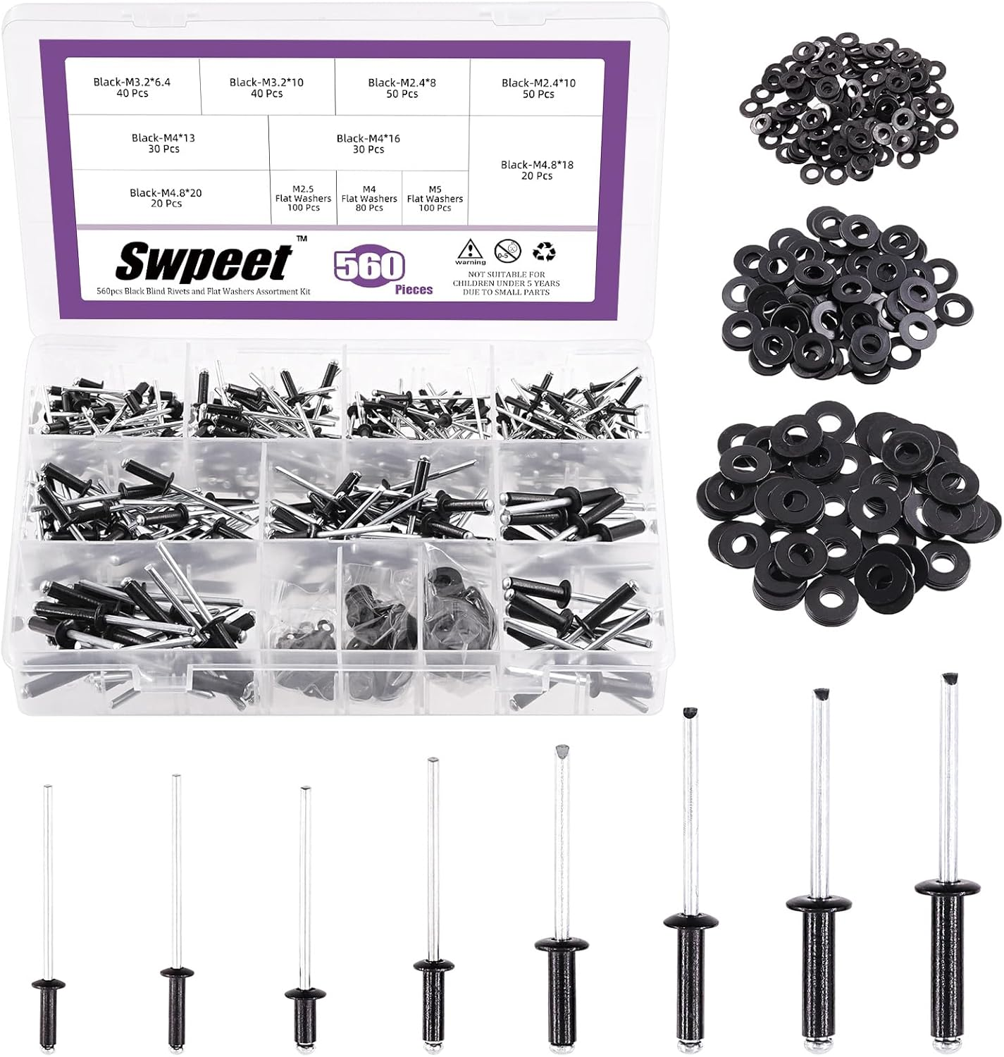 Swpeet 560Pcs Silver 3/32" 1/8" 5/32" 3/16" Pop Rivets Assortment Kit with Stainless Steel Backup Washers, Assorted Aluminum Blind Rivets with Divider Labeled Case for Storage