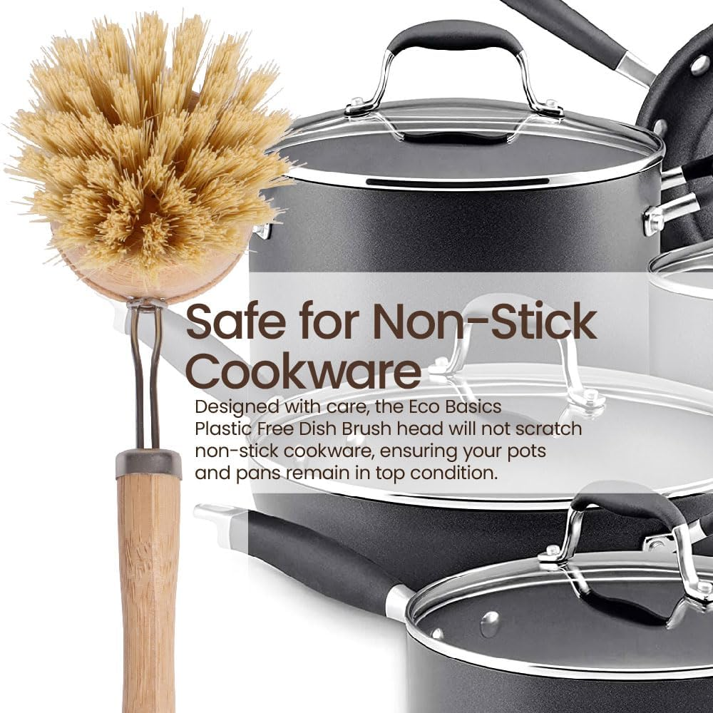 Eco Basics Plastic Free Dish Brush Refills, 2 Pack - 5X5X4.5Cm, Natural Bamboo Base, Tough Tampico Fibers, Biodegradable, Easy Clip-On Design for Sustainable Cleaning image number 4