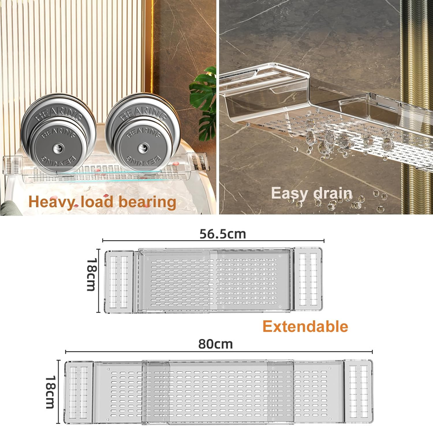 Bath Tray for Bathtub, Acrylic Caddy Table with Extending Sides, Adjustable Bathroom Free Soap Holder, over Tub Racks (Transparency) image number 6