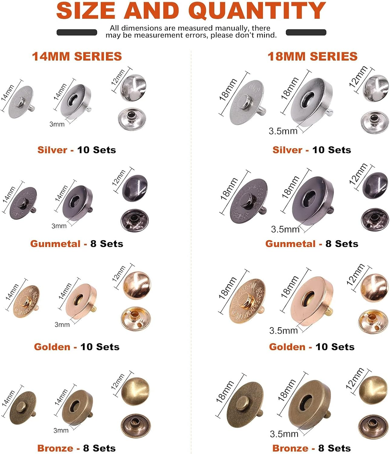 Tanstic 72 Sets 14Mm and 18Mm 4 Color round Magnetic Snap Sets, Strong Magnetic Button Clasps Double-Sided Magnetic Leather Snaps for Clothes, Jackets, Jeans Wears, Bracelets, DIY Craft Sets image number 3