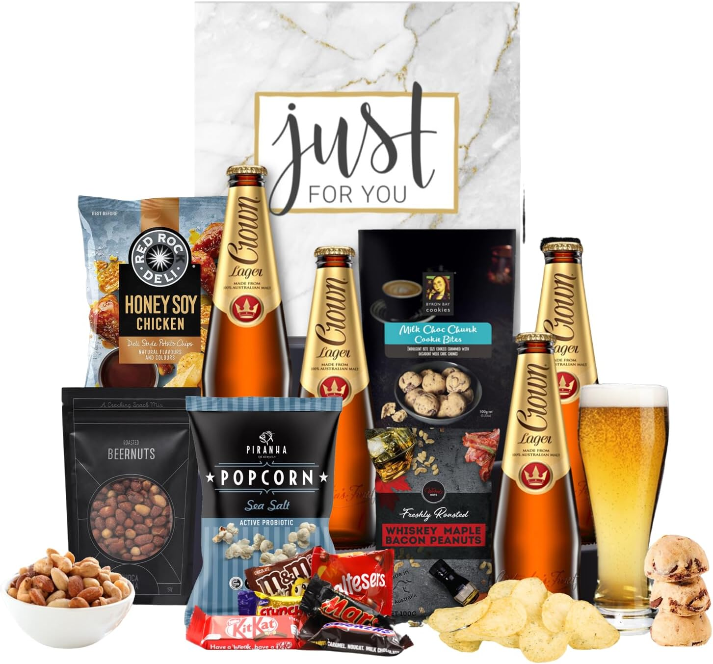 Getting on the Beer Gift Hamper. 4 X Crown Lager, Roasted Beer Nuts, Red Rock Deli, Byron Bay Cookies, Wicked Nuts Bacon Peanuts & Popcorn