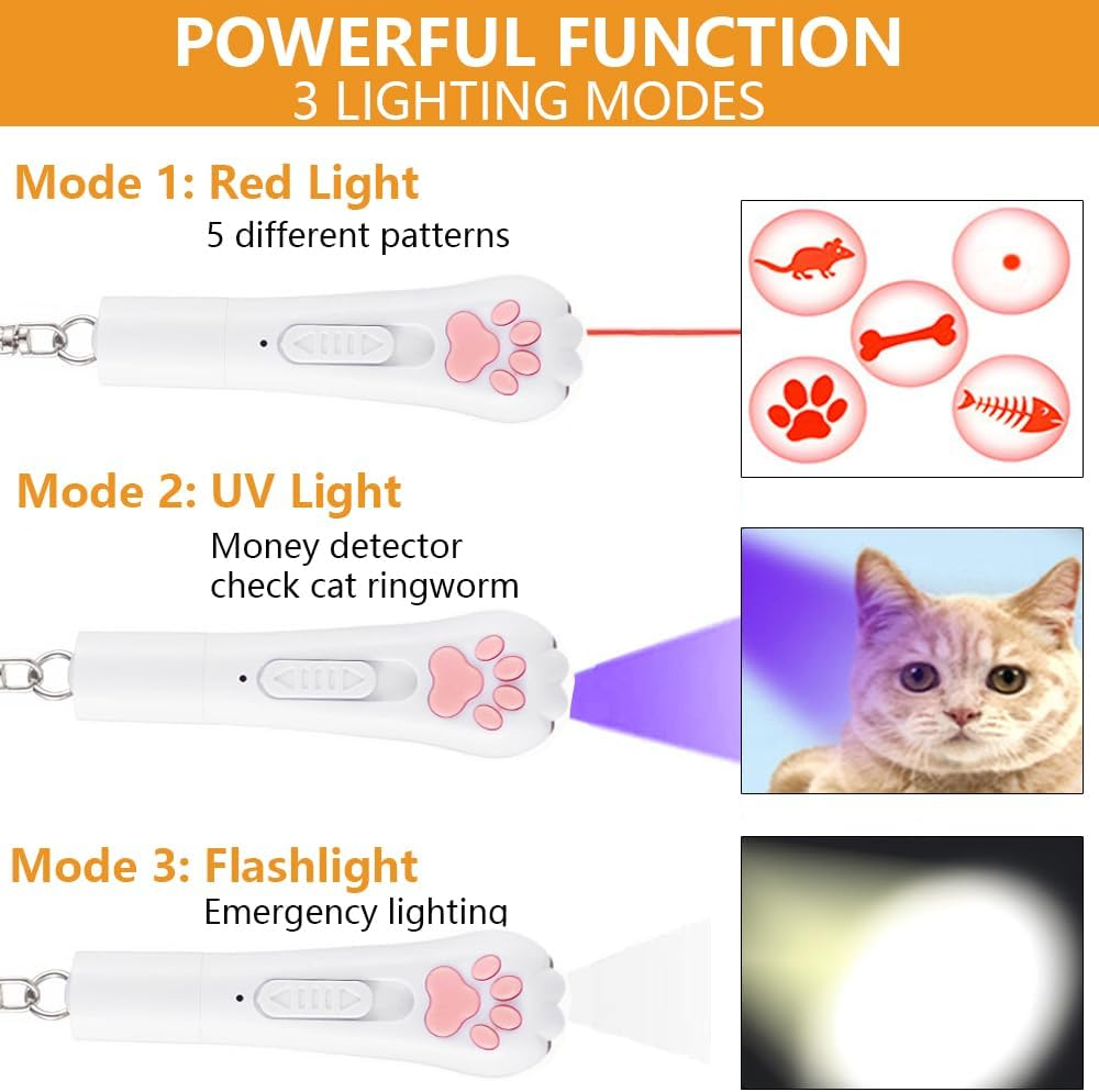 Vekol Cat Laser Toy, LED Pointer Interactive Toys Indoor Cats Dogs Laser, Long Range 5 Modes Laser Projection Playpen USB Rechargeable for Kitten Outdoor Pet Chasing Exercise (White) image number 2