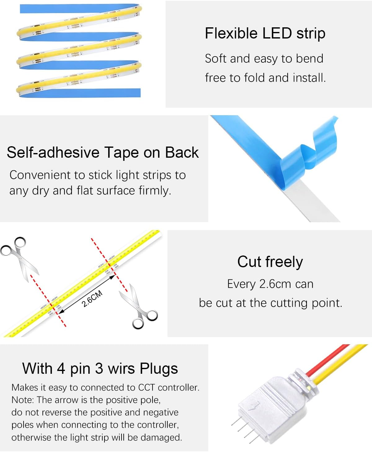 ALITOVE 24V COB LED Light Strip White CCT Tunable CRI>90 Diffused LED Strip Light Kit with Remote APP Control Music Mode 16.4Ft 3040Leds Dimmable 2700K-6500K LED Tape Light for Home Mirror Bookshelf image number 1