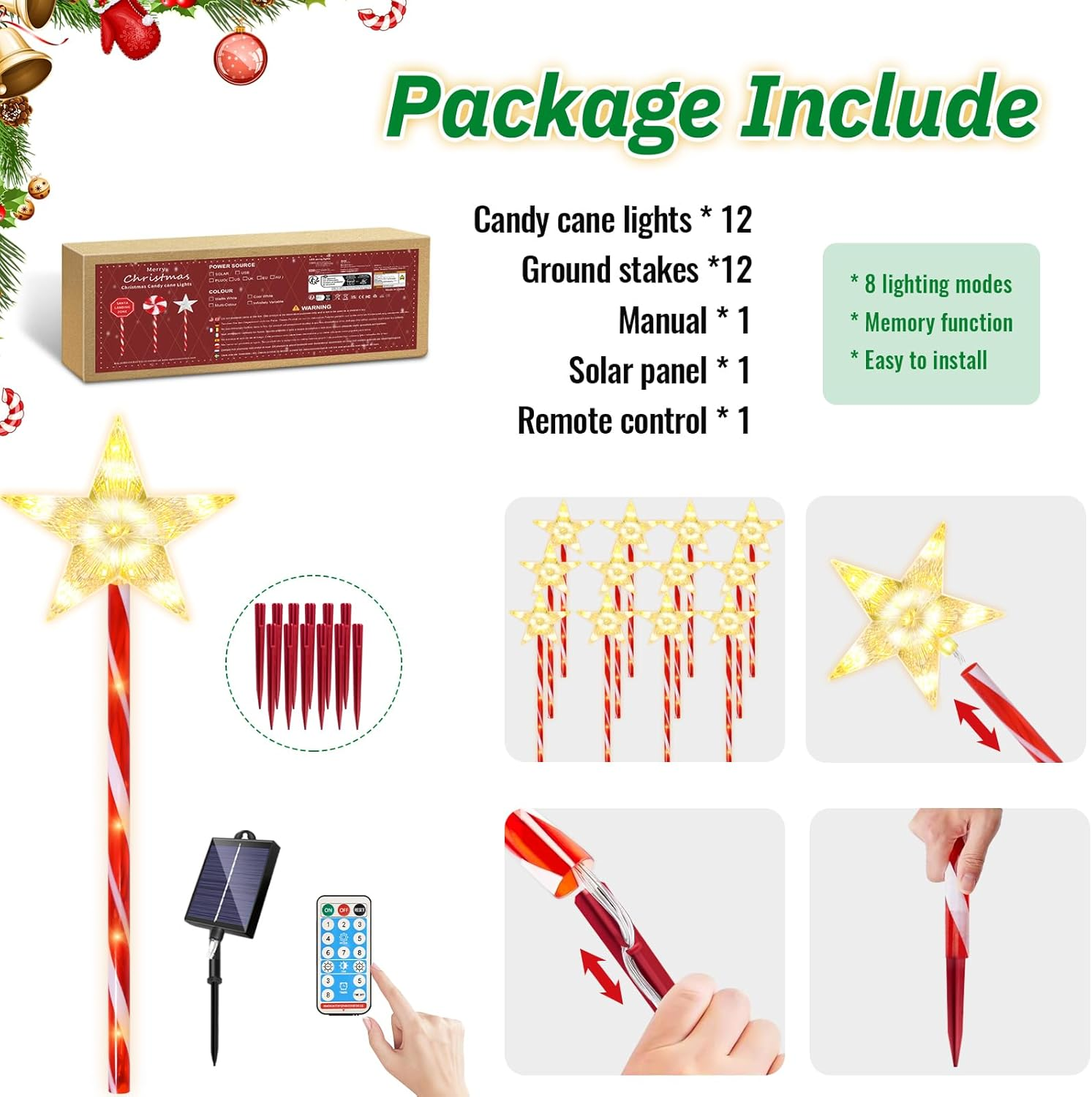 FLSEPAMB 12Pack Solar Christmas Lights Outdoor, Christmas Decorations Outdoor with 8 Modes Timer Remote, Waterproof Outdoor Xmas Lights for Outdoor Xmas Garden Yard Walkway Decor image number 1