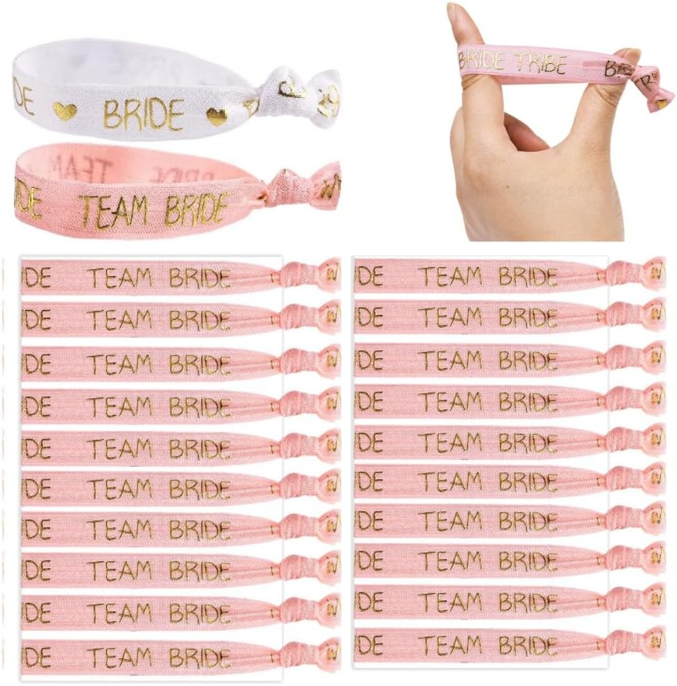 21Pcs Bride Team Wristbands,White and Pink Hen Party Favour Hair Bands, Elastic Bride Tie Accessories for Bachelor Party Wedding Bridal Shower Decorations image number 6