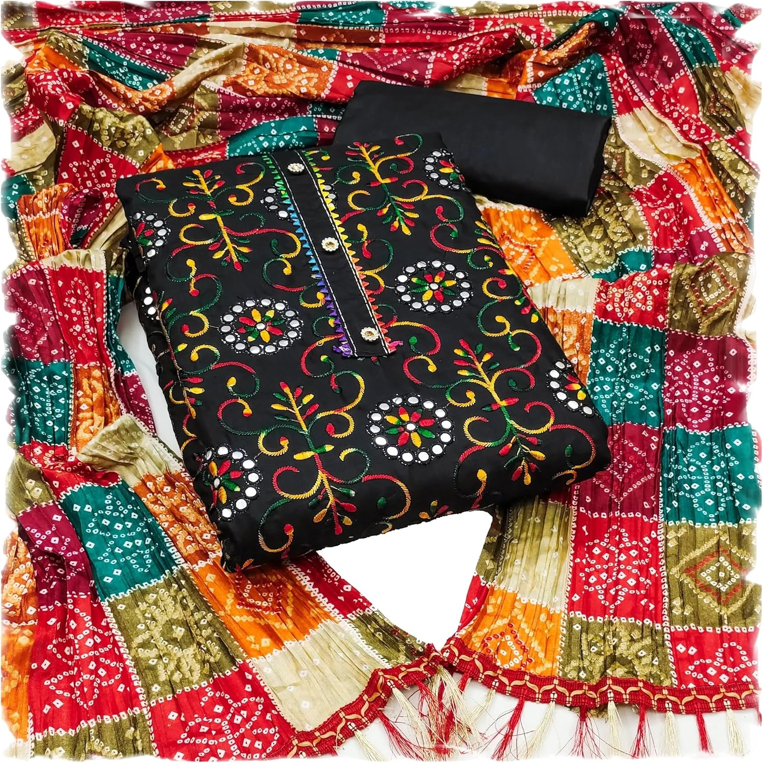 Sidhidata Women'S Poly Cotton Embroidery Work Unstitched Salwar Suit Dress Material with Bandhej/Bandhani Print Dupatta (Free Size) - D Red image number 2