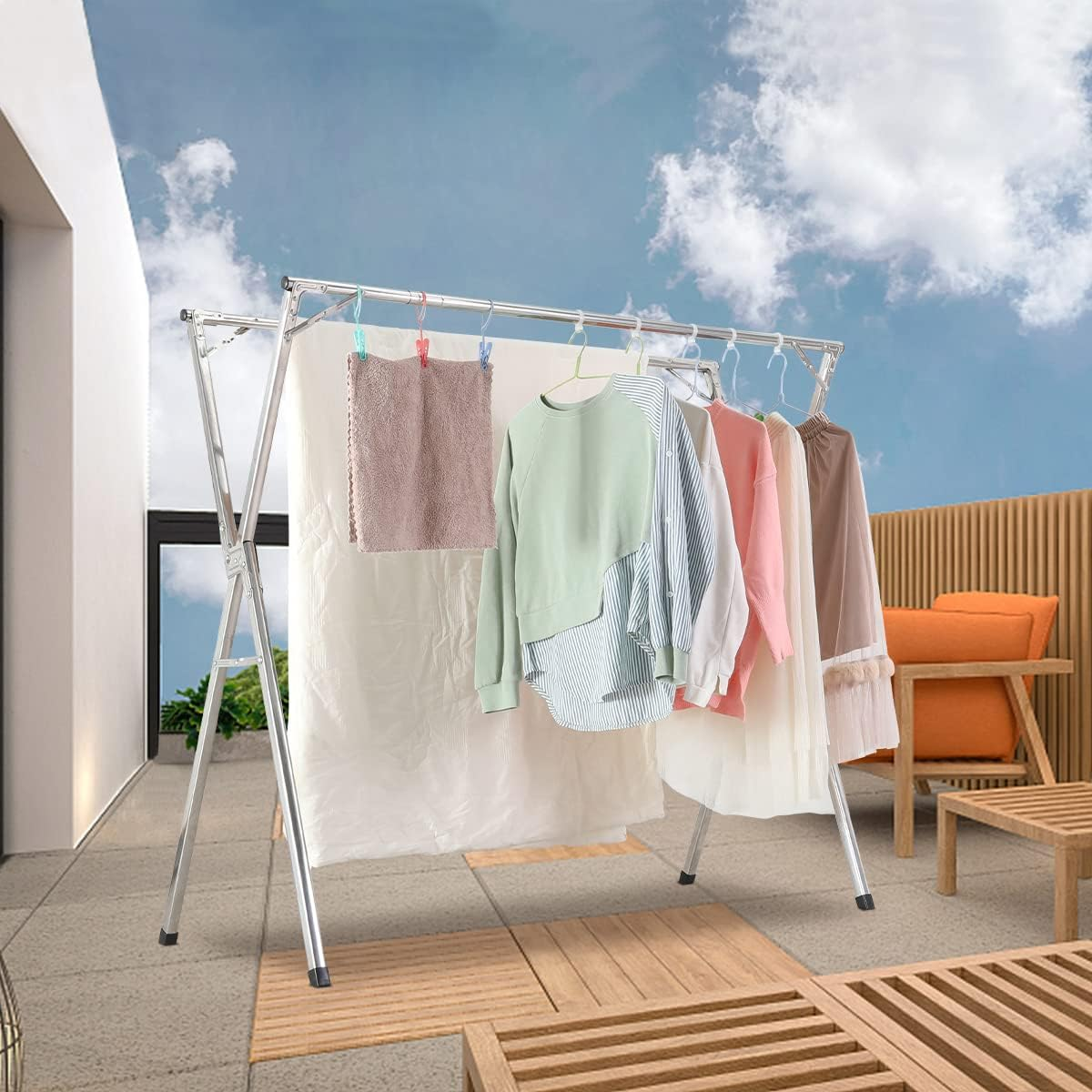 Clothes Drying Rack 79 Inches, Clothing Folding Indoor Outdoor Stainless Steel Laundry Drying Rack Adjustable and Foldable for Indoor Outdoor image number 2