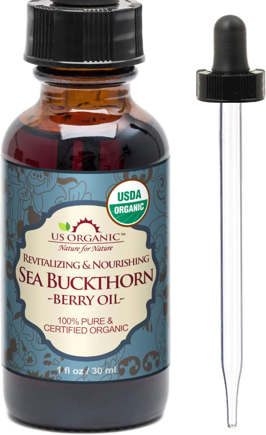 US Organic Sea Buckthorn Berry (Fruit) Oil, USDA Certified Organic,Pure & Natural, Supercritical CO2 Extracted, Virgin, Unrefined in Amber Glass Bottle (1 Oz (30 Ml))