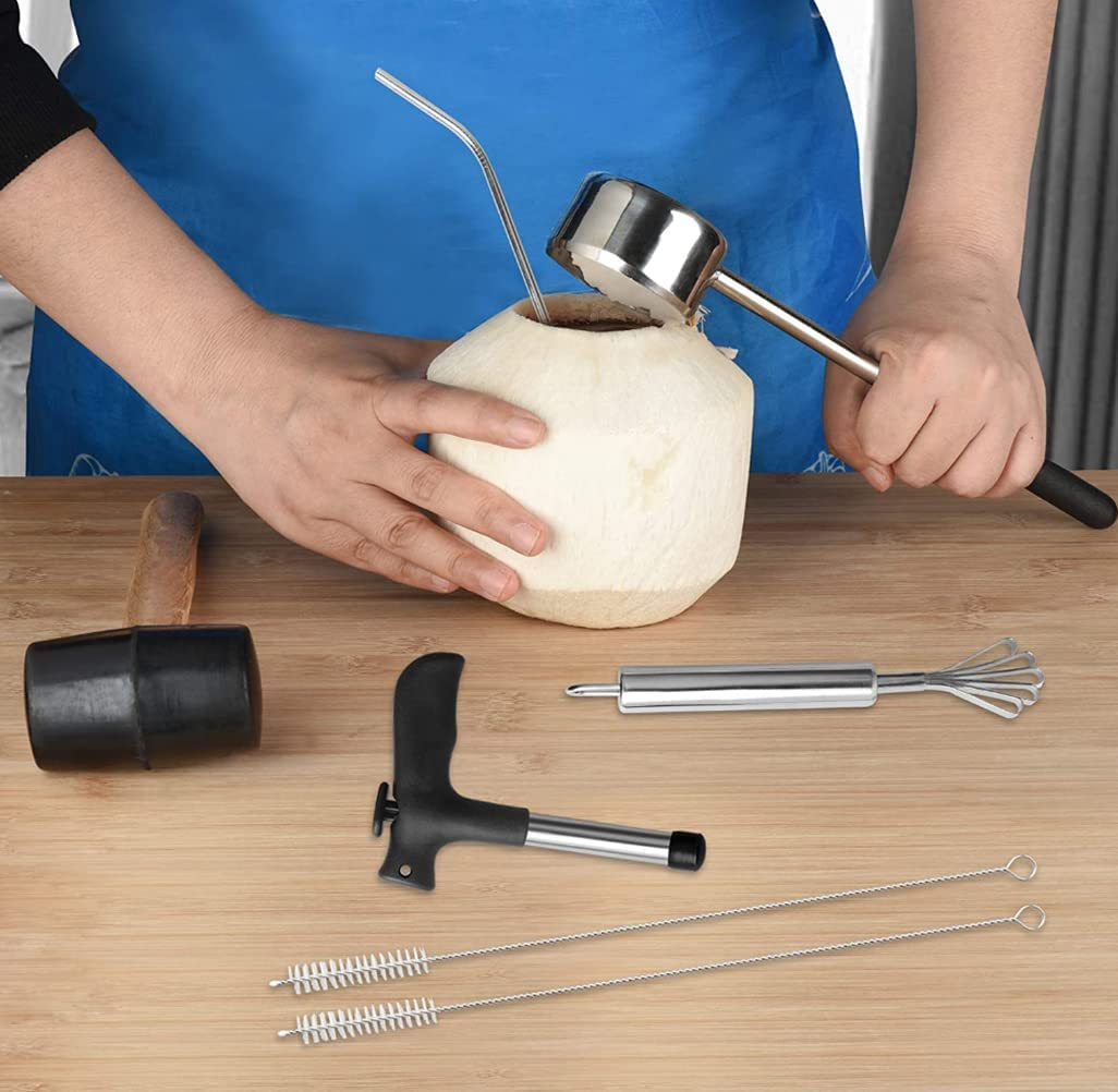 7-In-1 Coconut Opener Tool Set for Young Mature Coconuts, Coco Nut Meat Removal Tool with Rubber Mallet Meat Removal, Scraper, Straw, Food Grade 304 Stainless Steel image number 6