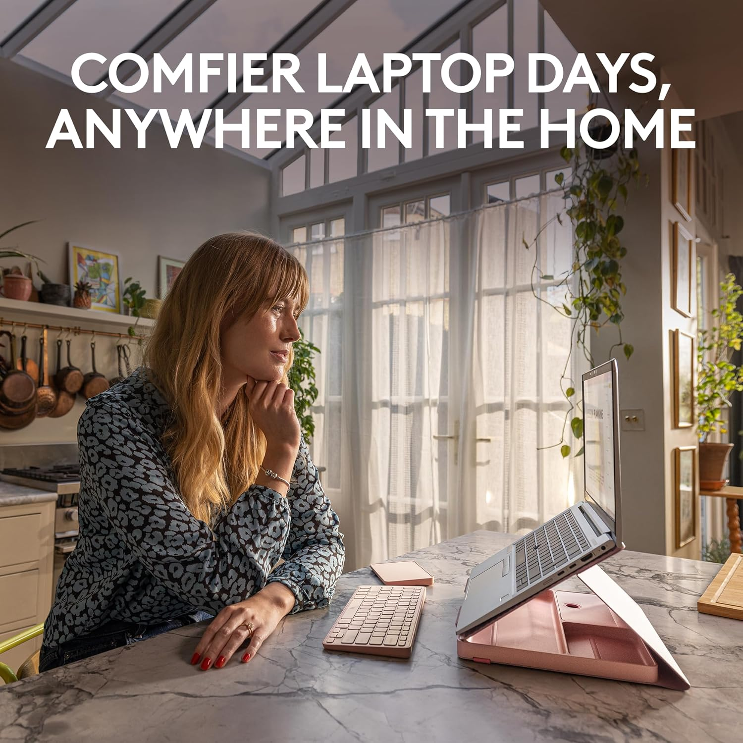 Logitech Casa Pop up Desk Work from Home Kit with Laptop Stand, Wireless Keyboard & Touchpad, Bluetooth, USB C Charging, for Laptop/Macbook (10&rdquo; to 17&rdquo;) - Windows, Macos, Chromeos - Bohemian Blush - Green / Black image number 2