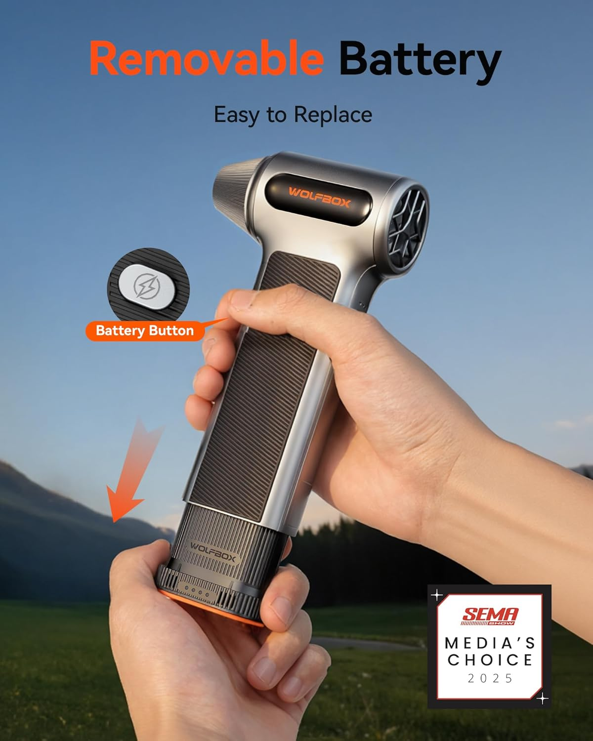 WOLFBOX MF200 Electric Air Duster with Removable Battery, Super Power Cordless Blower - 3-Speed Adjustable, Long Life Mini Air Duster with 4 Nozzles for Computer Keyboard, Car Cleaning, Outdoor Use image number 5