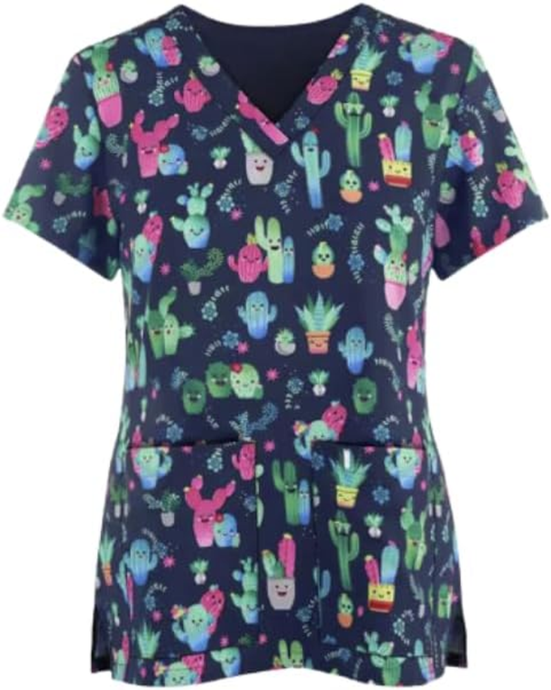CDM plus Succulent Party Medical Scrub Top, Polyester and Spandex, Sizes S-XXL