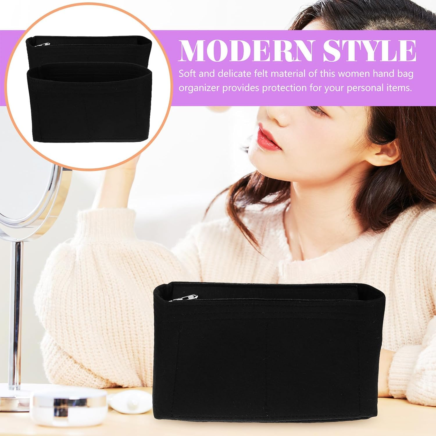 Yardwe 2Pcs Felt Purse Organizer Insert Bags with Zipper and Open Top, Tote Bag Liner for Women&rsquo;S Handbags, Purse Insert Organizer for Travel and Daily Use image number 2