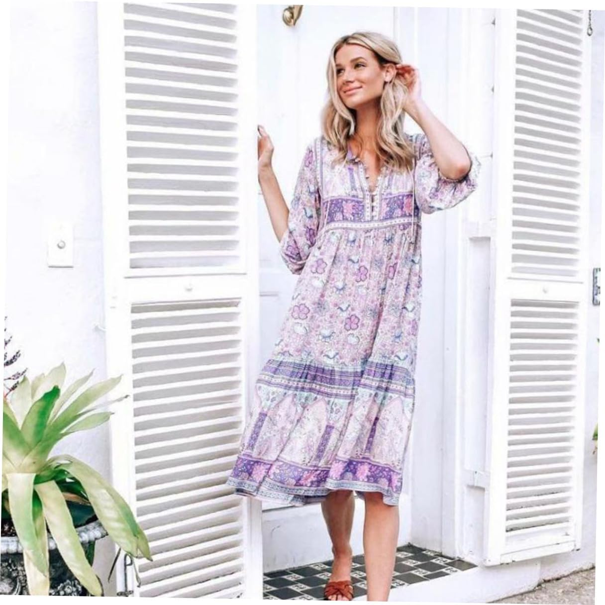 PLAFOPE Bohemia Style Long Sleeve Lapel Dress for Women Casual Elegant Maxi Dress Blue Lightweight Comfortable for Daily Work Party Vacation Office Wear image number 3