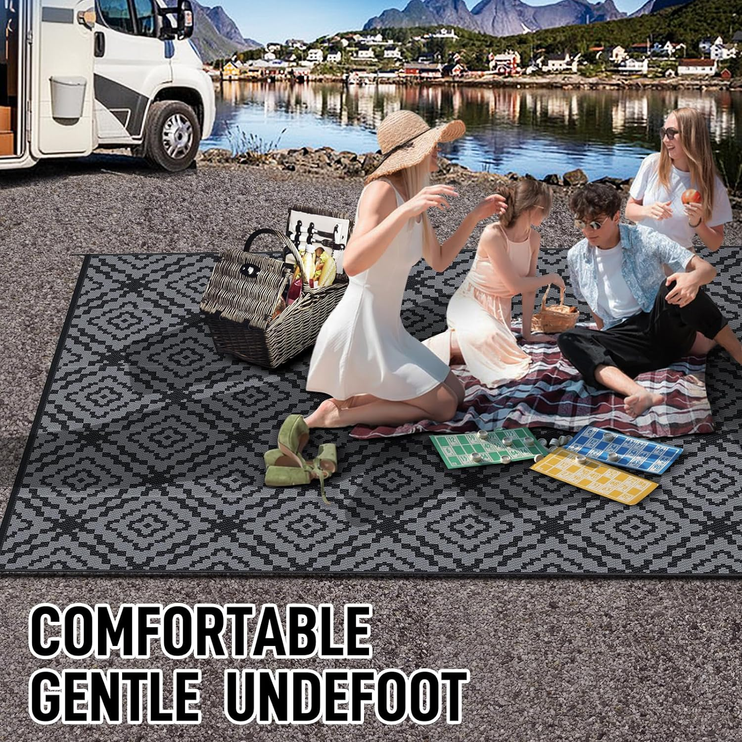 Outdoor Camping Rug Waterproof 9X12Ft, Large Reversible Stain&Uv Resistant Plastic Straw RV Rug for outside Patio Pool Deck Beach Indoor, Area Carpet Mat with Portable Bag&4 Stakes-Black Grey Rhombus image number 3