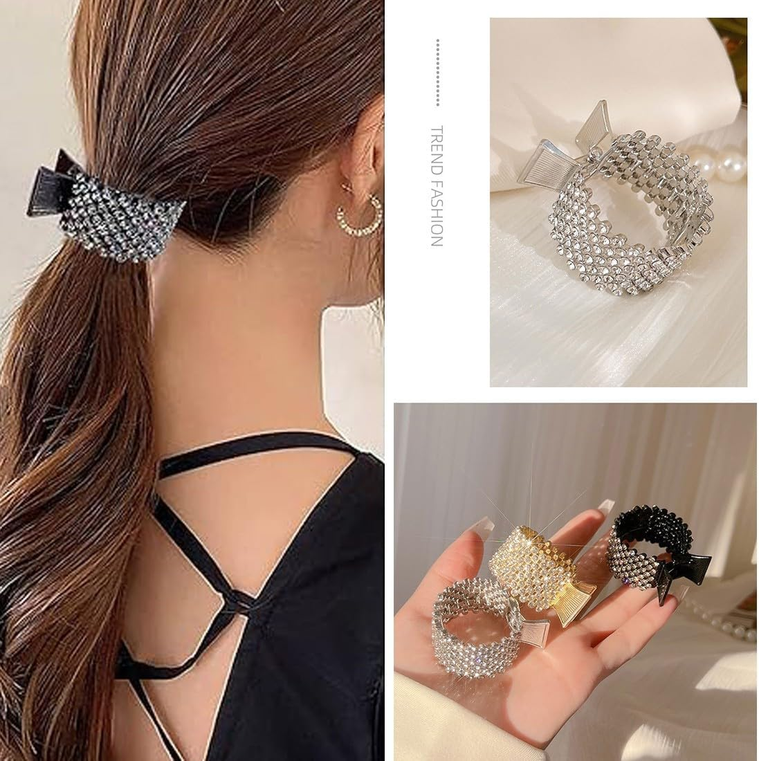 ZEPIQOR Pack of 3 Women'S Hair Clips Metal Rhinestone Hair Clips Holder High Ponytail Non-Slip Fashionable for Thick Thin Hair (Gold, Silver, Black) image number 3