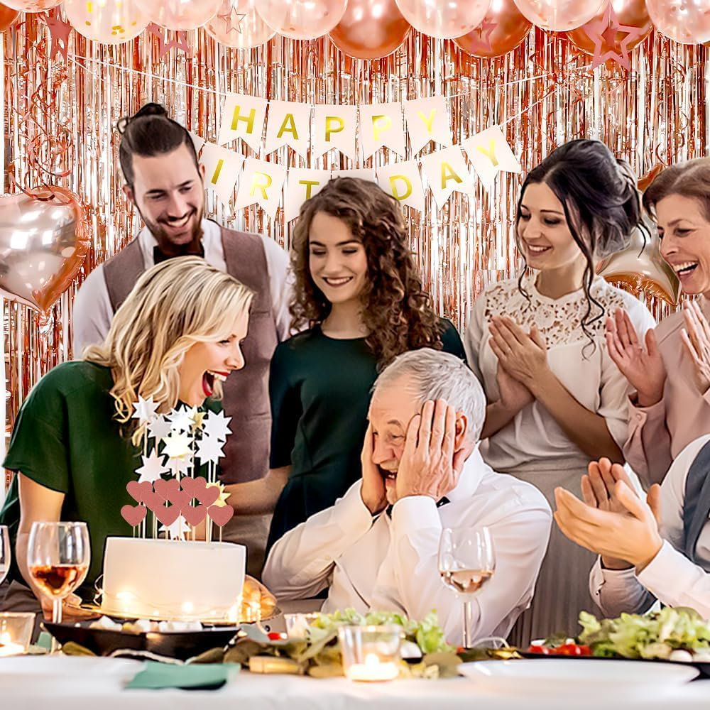 Happy Birthday Decorations for Women Rose Gold Birthday Decorations Happy Birthday Banner Fringe Curtain Butterfly Hanging Swirls Party Decorations for Girls Cupcake Toppers Foil Confetti Balloons - Blue Pink image number 2