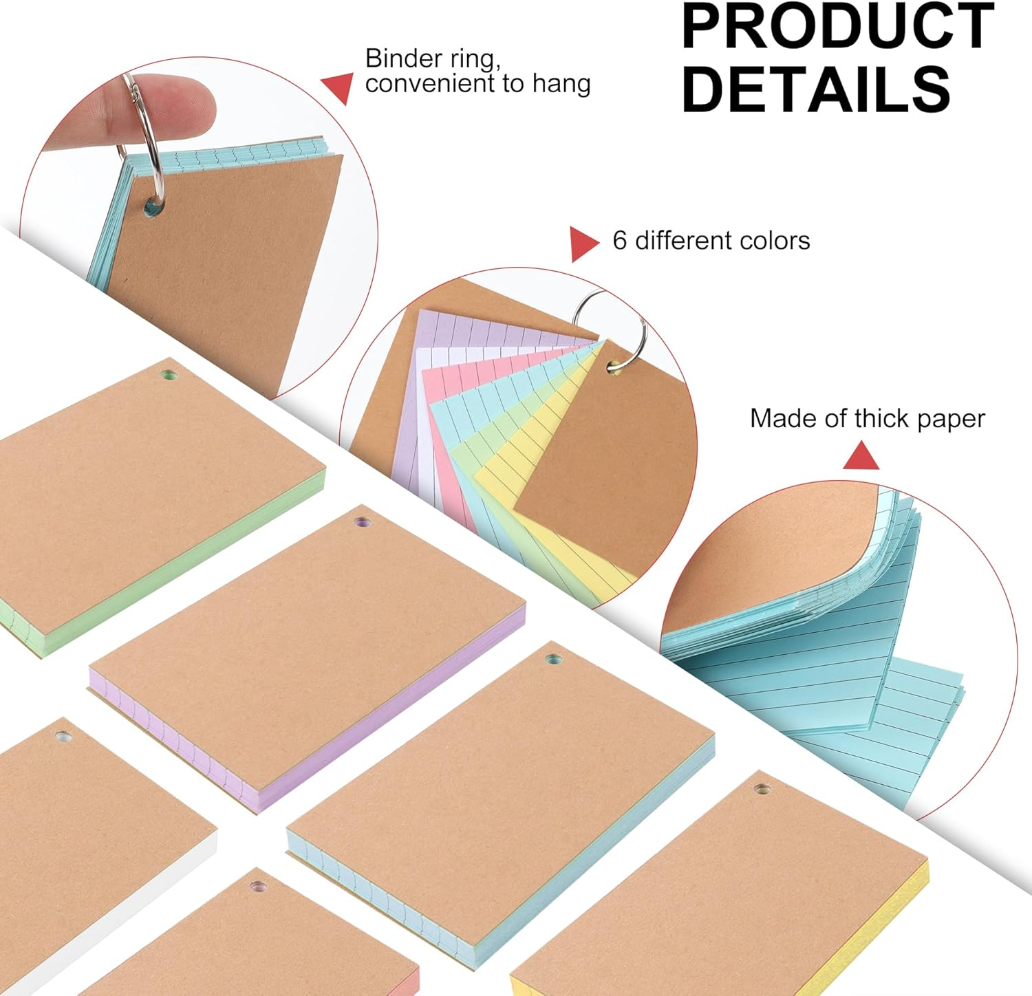 TECDW 300 Index Cards with Reinforced Kraft Paper Cover - 3X5 Inch Study Cue Cards, Colorful Flashcards for Learning, Office & Home (6 Assorted Colors + 6 Metal Key Rings) image number 5