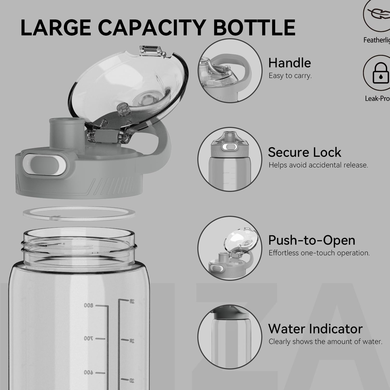 SANTECO 1L Water Bottle BPA Free - Lightweight Sports Bottle with Handle, Leak Proof, Easy Clean, Good for Gym Hiking Travel (Light Grey, 1000Ml) - Lotus Bud image number 5