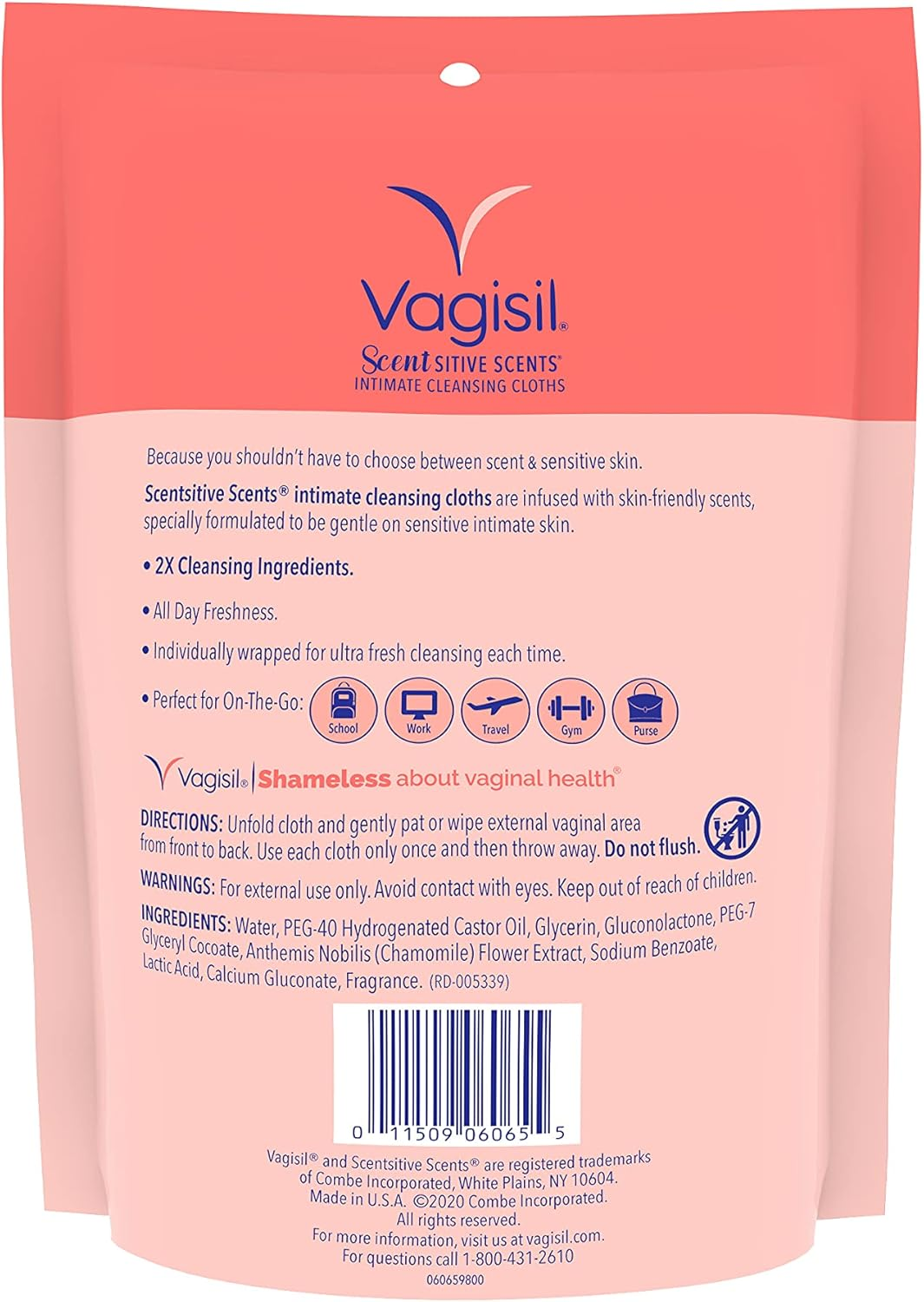 Vagisil Scentsitive Scents On-The-Go Feminine Cleansing Mini Wipes, Ph Balanced, Peach Blossom, Individually Wrapped, 16 Count (Pack of 3) image number 1